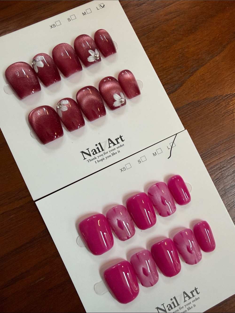 Bundle of two Press-On Nail Sets — Wine Red & Hot Pink Floral Cat Eye Large